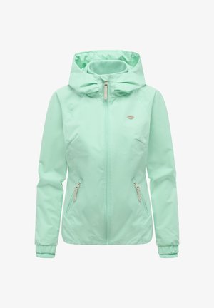 Lysegrøn hættetrøje med lynlås foran, lynlåslommer i siderne, elastiske manchetter og et lille logo på brystet.