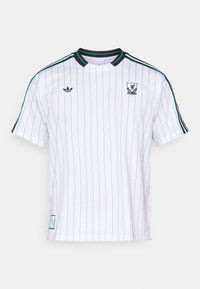 Hvid sportsskjorte med korte ærmer og tynde lodrette teal striber, sorte krave- og ærmestriber, Adidas-logo og Liverpool FC-logo på brystet.