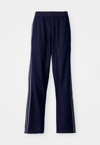 Navy blue athletic pants with an elastic waistband, featuring three white side stripes and a straight-leg design. Soft denim texture.