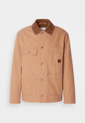 Beige Jacke aus Baumwollcanvas mit einem braunen Cordkragen. Sie verfügt über zwei Brusttaschen, zwei untere Taschen und Druckknopfverschlüsse.