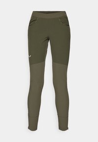 Olive green athletic pants featuring a textured design, two side pockets, a snug fit, and zippered cuffs for adjustable leg openings.