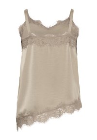 Caraco en satin beige avec une délicate bordure en dentelle florale sur le décolleté et l'ourlet, doté de fines bretelles.