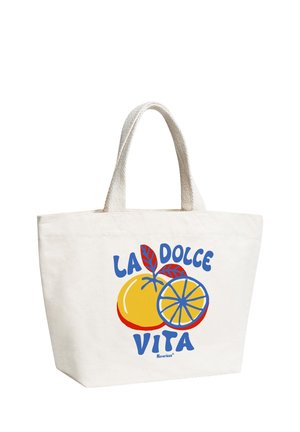 White tote bag with two handles featuring colorful orange fruit and "LA DOLCE VITA" text in blue and red.