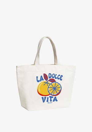 White tote bag with two handles featuring colorful orange fruit and "LA DOLCE VITA" text in blue and red.