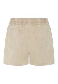Pantaloni corti beige con una vita elastica, dotati di due tasche posteriori e un tessuto texturizzato. Taglio a lunghezza media alla coscia.