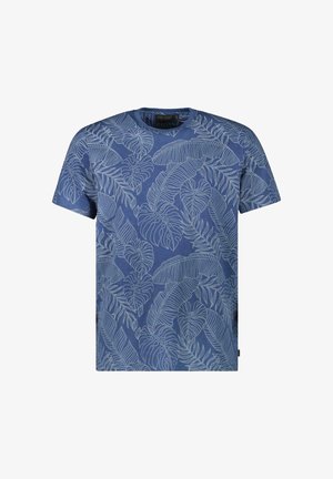 Blauwe t-shirt met korte mouwen met een wit bladenpatroon, voorzien van een ronde hals en een ontspannen pasvorm. Gemaakt van zacht katoen.