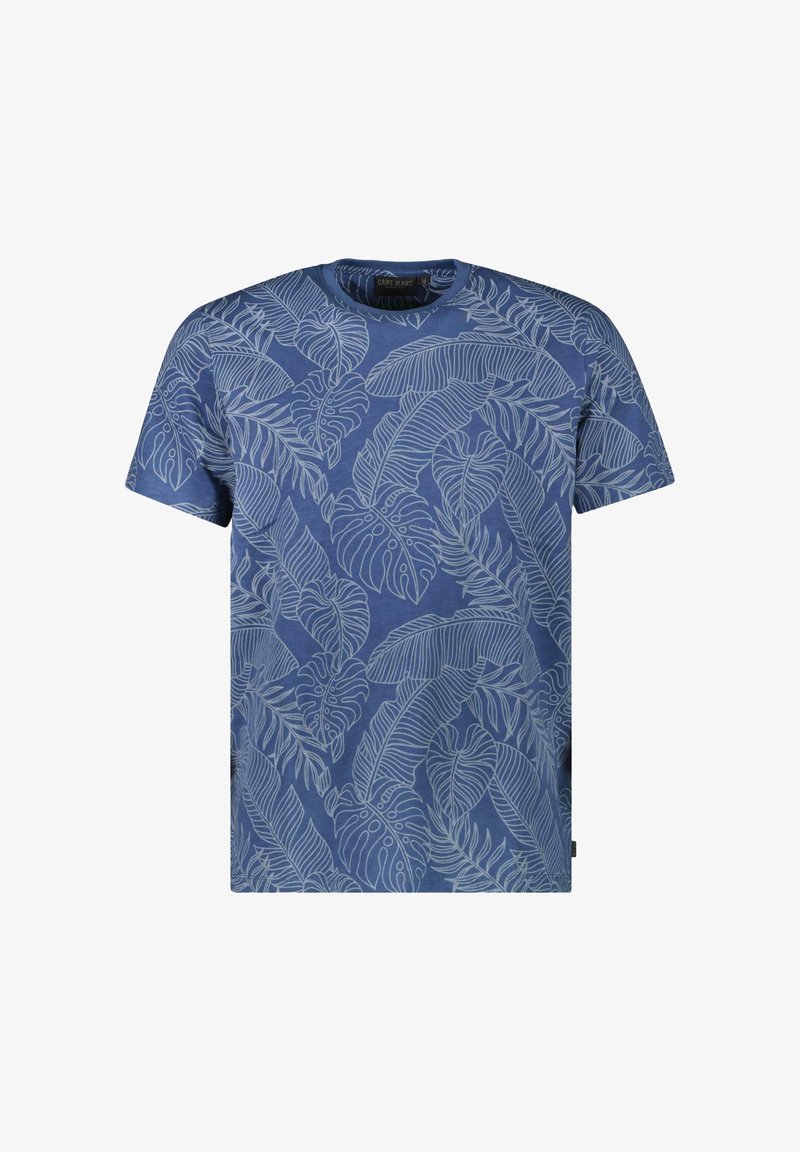 Blauwe t-shirt met korte mouwen met een wit bladenpatroon, voorzien van een ronde hals en een ontspannen pasvorm. Gemaakt van zacht katoen.