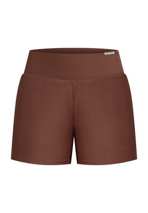 Braune Sportshorts aus glattem, dehnbarem Stoff, mit einem breiten Bund und einem dezenten Logo am Saum.