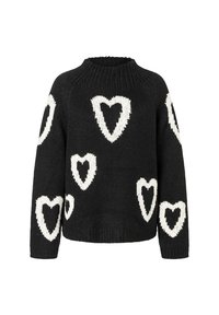 Schwarzer Strickpullover mit weißen Herzmustern, ausgestattet mit Rundhalsausschnitt, langen Ärmeln und einer weichen, strukturierten Oberfläche.