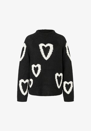 Schwarzer Strickpullover mit weißen Herzmustern, ausgestattet mit Rundhalsausschnitt, langen Ärmeln und einer weichen, strukturierten Oberfläche.