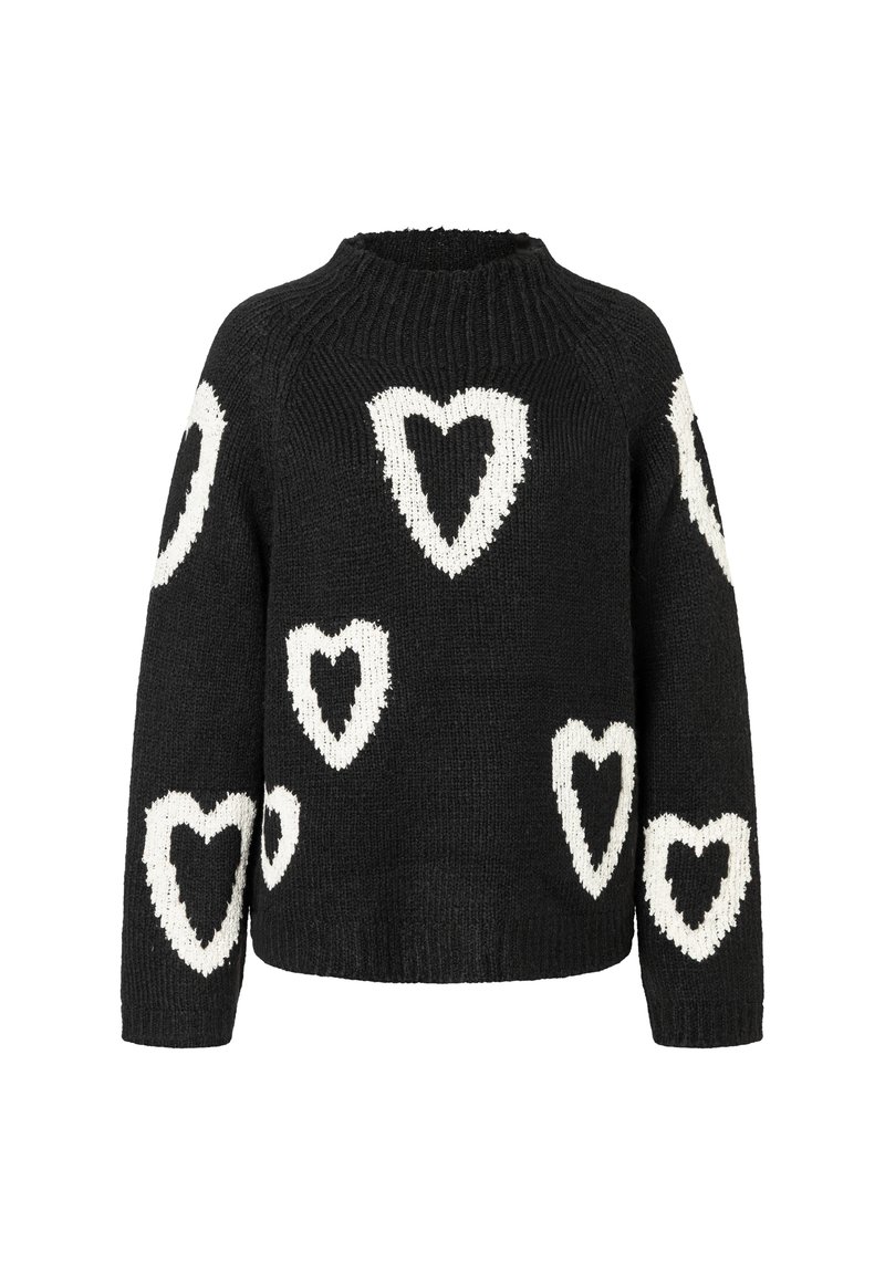 Schwarzer Strickpullover mit weißen Herzmustern, ausgestattet mit Rundhalsausschnitt, langen Ärmeln und einer weichen, strukturierten Oberfläche.