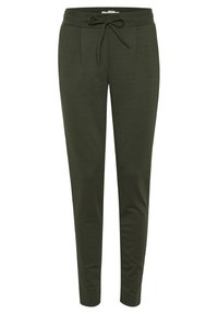 Donkergroene, taps toelopende joggingbroek met een elastische tailleband, koord en twee voorzakken. Soepele textuur, casual ontwerp.