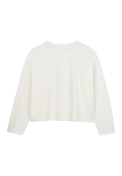 Maglione bianco corto con maniche lunghe, colletto rotondo e texture morbida. Design semplice senza modelli o dettagli visibili.