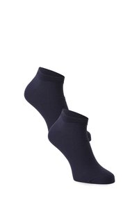 Dunkelblaue Knöchelsocken aus weichem Stoff mit einem gerippten Bündchen, das eine glatte Textur aufweist sowie eine verstärkte Ferse und Zehen für Haltbarkeit. 