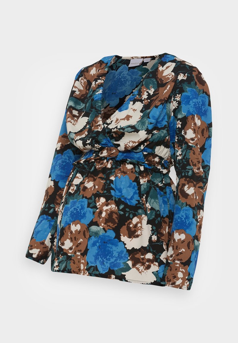 Haut de maternité à manches longues avec un motif floral bleu, marron et crème, doté d'une coupe croisée et d'un détail froncé à la taille.