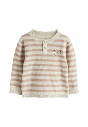 Striped knit sweater in beige and soft pink, featuring a round neckline, two-button placket, and a bear face embroidery on the chest.