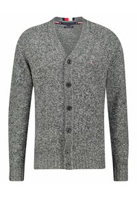 Szary kardigan z teksturowanym wzorem na dżerseju, w dekolcie w serek, zapinany na sześć czarnych guzików. Posiada czerwone i niebieskie paski akcentowe na dekolcie.