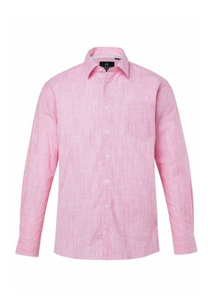 Camicia a maniche lunghe rosa chiaro con una sottile texture a righe, colletto con bottoni, taschino sul petto e bottoni bianchi sul davanti.