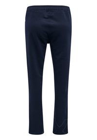 Marine blauwe sportbroeken met een elastische tailleband, rechte pijpen en subtiele logodetails nabij de zoom. Glad, elastisch materiaal.