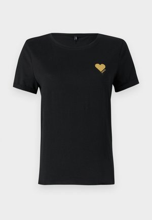 Zwarte katoenen t-shirt met korte mouwen, voorzien van een klein gouden glitters hartontwerp op de linkerkant van de borst. Crew neck stijl.