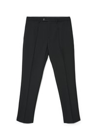 Pantaloni neri su misura con fronte piatto, pieghe e chiusura con bottone in vita. Tessuto liscio con design a gamba dritta.