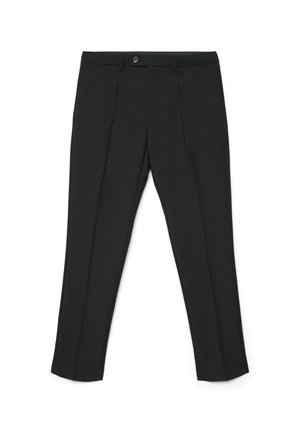 Pantalon noir sur mesure avec un devant plat, des plis et une fermeture à bouton à la taille. Tissu lisse avec une coupe droite.