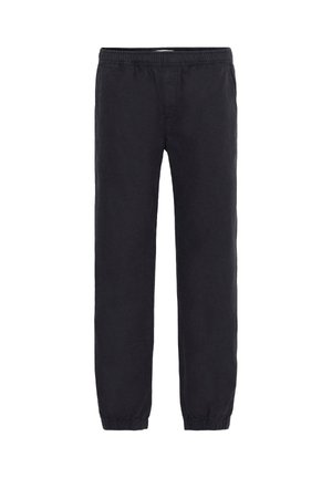 Black cotton pants with an elastic waistband and cuffed hems. The fabric has a smooth texture and a relaxed fit, suitable for casual wear.