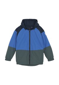 Färgblockerad jacka med blå och mörkgröna paneler, dragkedja fram, huva, elastiska ärmslut och en minimalistisk logotyp på ärmen.