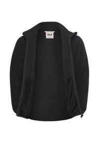Giacca in pile nera con colletto alto, chiusura con zip e due tasche laterali. Fodera interna liscia, con una texture semplice e uniforme.
