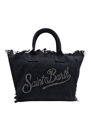 Borsa in tessuto nero con bordi sfilacciati e la scritta "Saint Barth" in strass sul davanti, con due manici corti.