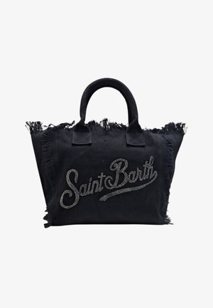 Borsa in tessuto nero con bordi sfilacciati e la scritta "Saint Barth" in strass sul davanti, con due manici corti.
