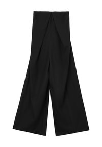 Schwarze, weit geschnittene Hose mit hoher Taille und subtilen Falten, die eine glatte Textur und klare Linien für eine moderne Silhouette bietet.