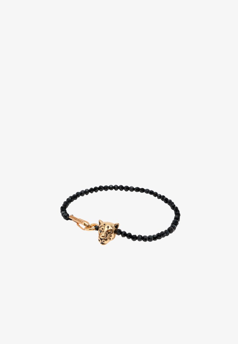 Bracciale di perline nere con un charm a forma di testa di leopardo dorata, caratterizzata da dettagliati tratti del viso e una chiusura a gancio.