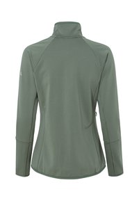 T-shirt à manches longues pour femmes en vert discret, avec un col montant, un tissu texturé et une poche zippée, ainsi que des manches raglan pour plus de liberté de mouvement.