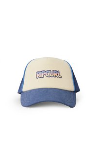 Blå og creme trucker cap med en struktureret front, forsynet med et "RIPCURL" logo i flerfarvet tekst og netpaneler på siderne.