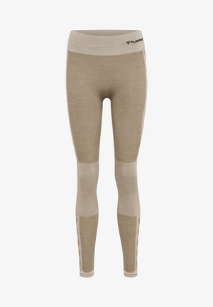 Beige Leggings aus einem strukturierten Stoff, mit einem breiten Bund, Netzeinsätzen und kontrastierenden hellbeigen Akzenten.