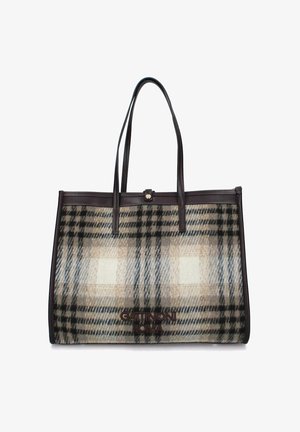 Borsa a tote con un motivo a quadri nei colori beige, nero e crema, con manici in pelle e un dettaglio con logo nella parte inferiore.