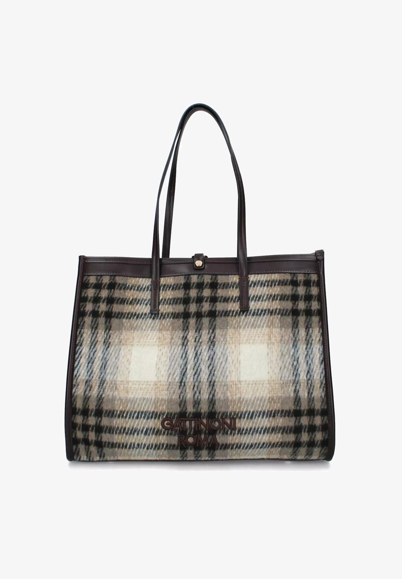 Borsa a tote con un motivo a quadri nei colori beige, nero e crema, con manici in pelle e un dettaglio con logo nella parte inferiore.
