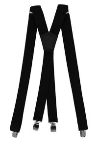 Schwarze elastische Hosenträger mit strukturierter Oberfläche, mit einem zentralen Stoffteil und Metallklipsen an den Enden zum Befestigen.