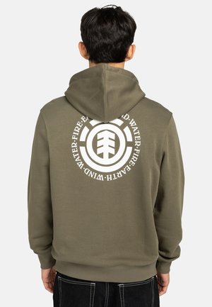 Olive green hoodie with a white circular graphic featuring elemental symbols on the back. Features a drawstring hood and ribbed cuffs.