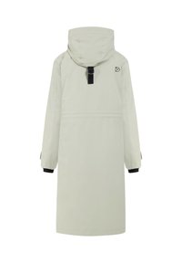 Light gray, knee-length coat with a hood, features black cuffs and a rear logo. Smooth texture, minimalist design, and no visible fastenings.