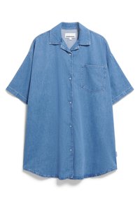 Lichtblauwdenim shirt met korte mouwen, een knopenlijst aan de voorkant en een borstzak. Heeft een klassieke kraag en een relaxte pasvorm.