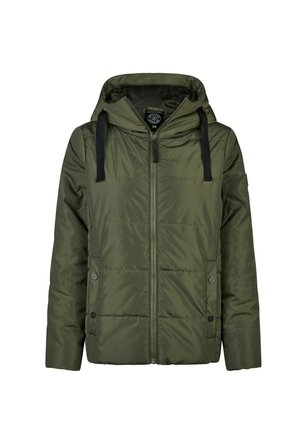 Green padded jacket featuring a zip front, drawstring hood, and side pockets. Soft texture with stitched panels and black accents.