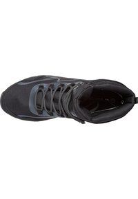 Black athletic shoe with textile upper, reinforced toe, and mesh panels. Features black and gray laces, padded collar, and rubber sole.