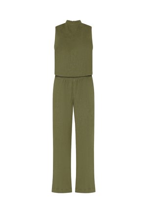 Ärmelloser olivgrüner Jumpsuit mit hohem Kragen und weitem Bein, elastischem Taillenbund, flach auf weißem Hintergrund ausgebreitet.