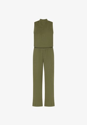 Sleeveless olive green jumpsuit with high neck and wide-leg pants, elastic waistband, displayed flat on white background.