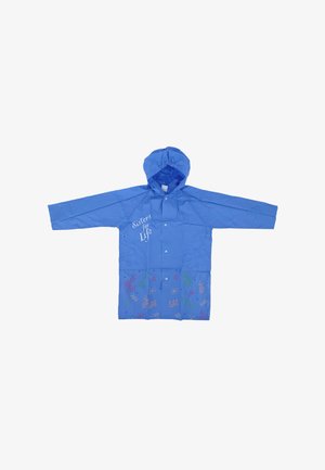 Blue waterproof raincoat with hood, featuring a floral design in pink and green at the hem. Snap closure at the front for easy wear.