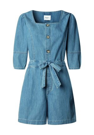 Denim romper met driekwart mouwen, vierkante halslijn, knopen aan de voorkant, tailleband en een shortsstijl onderkant.