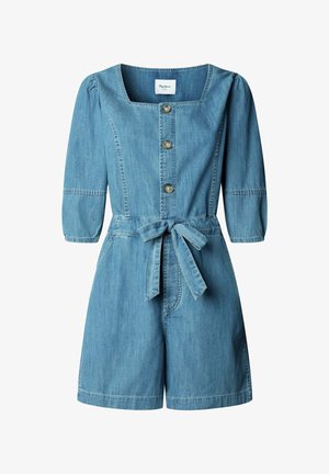 Denim romper met driekwart mouwen, vierkante halslijn, knopen aan de voorkant, tailleband en een shortsstijl onderkant.