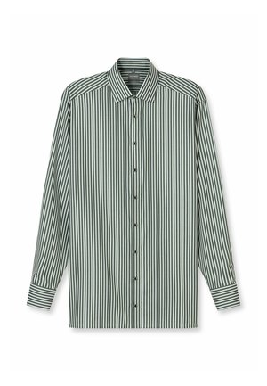 Gestreiftes Langarmshirt in Grün und Weiß mit durchgehender Knopfleiste, klassischem Kragen und geknöpften Manschetten. Weicher Stoff mit glatter Textur.